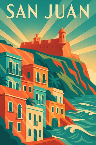 San Juan Colors – Art Deco Fortress and Sea Poster