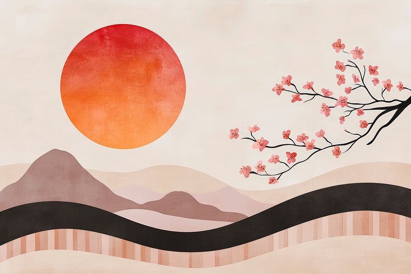 Sunset with cherry blossoms - Minimalist by Poster Art Shop