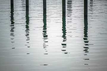Pieux d'amarrage noirs ou dauphins avec reflet dans l'eau en