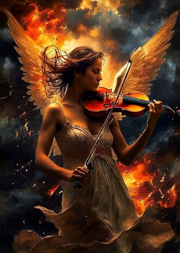 Vrouwelijke engel die viool speelt Abstracte vlam