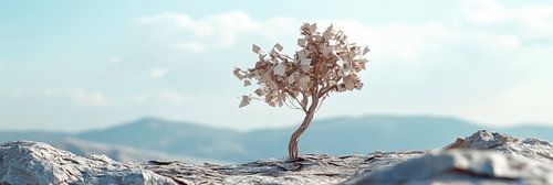 Slanke papieren boom op bergachtig landschap panorama van Digitale Schilderijen