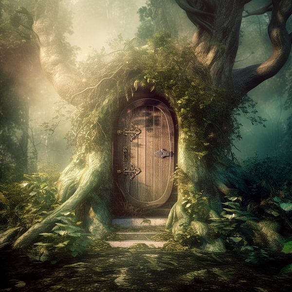 Fairytale forest door tree trunk enchanted stone path fantasy nature by gm_designs