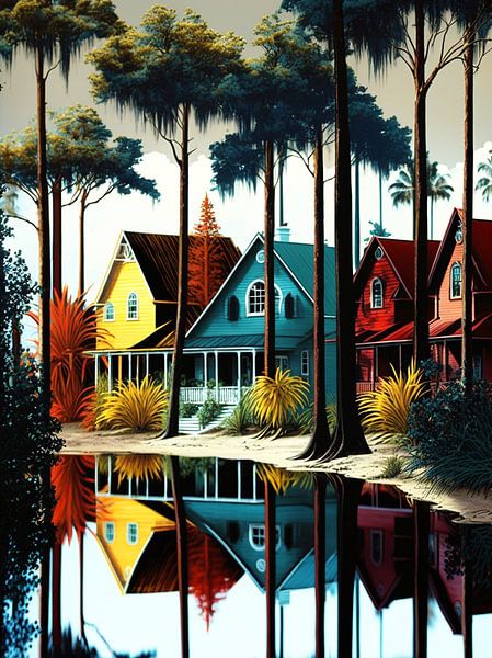landschap Florida meer huizen kleurrijk weerspiegeling bomen rust van gm_designs
