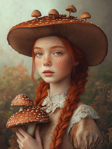 Porträt eines rothaarigen Mädchens mit Fliegenpilz