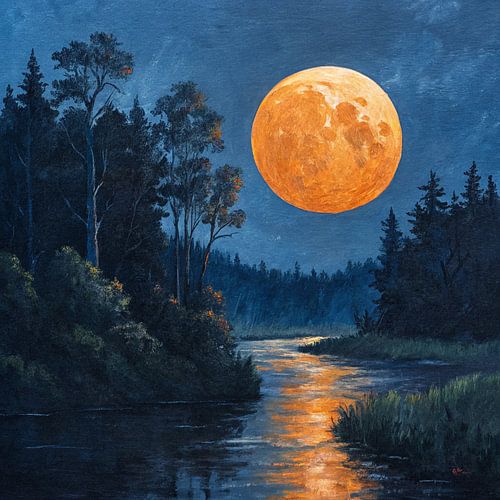 Karmijnrode bol over groene nocturne: Een serene rivier's dans onder de majestueuze jagersmaan