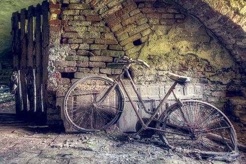 Un vélo dans une cave abandonnée.