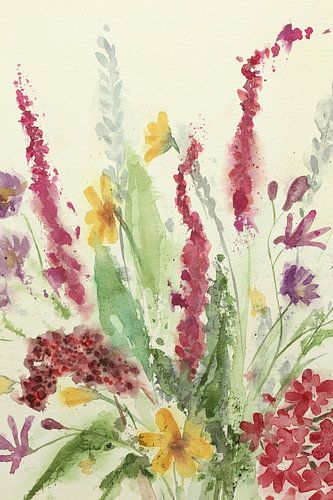 Bonte bloemen mix (wildboeket bloemenveld vrolijk aquarel schilderij tuin natuur behang close up) van Natalie Bruns