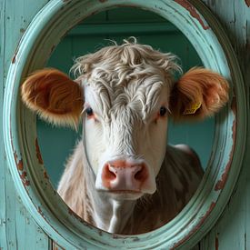 Curieux veau dans une porte turquoise sur Marianne Ottemann - OTTI
