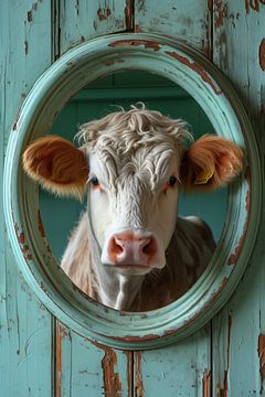 Curieux veau dans une porte turquoise sur Marianne Ottemann - OTTI
