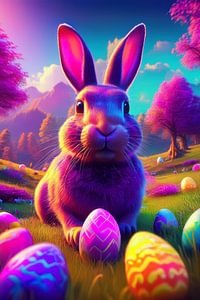 Osterhase mit bunten Ostereiern im Gras mit Birkenbäumen