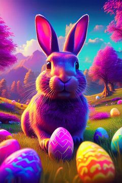 Osterhase mit bunten Ostereiern im Gras mit Birkenbäumen von Jörg B. Schubert