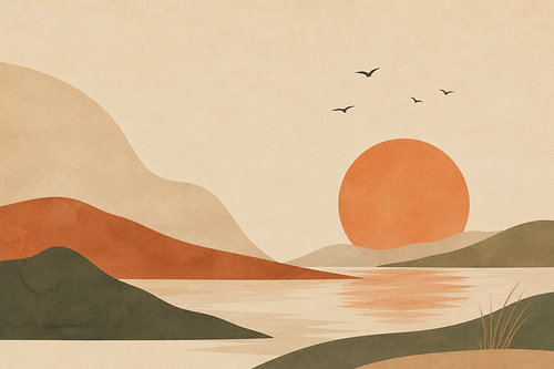 Terrakotta-Sonnenlandschaft – Minimalistische Boho-Kunst in Erdtönen