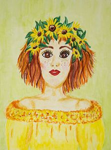 Sonnenblumenmädchen (Sommeraquarell einer rothaarigen Frau mit Sonnenblumen im Haar)