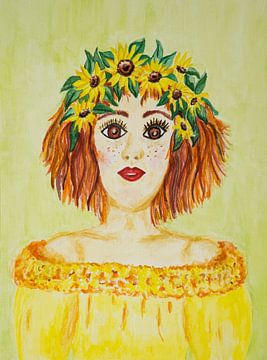 Sunflower girl (Zomerse aquarel van roodharige vrouw met zonnebloemen in het haar) van Birgitte Bergman