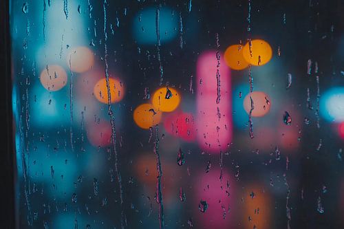 Regen op raam met stadslichten