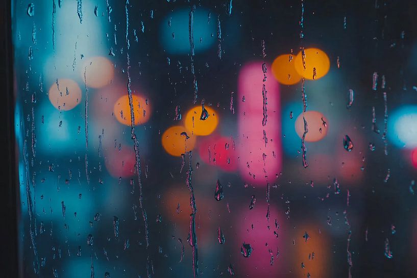 Regen am Fenster mit Stadtbeleuchtung von Art & Soul Creations