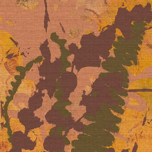 Kleurrijk wandkleed. Taupe bloemen en groene varenbladeren op geel.