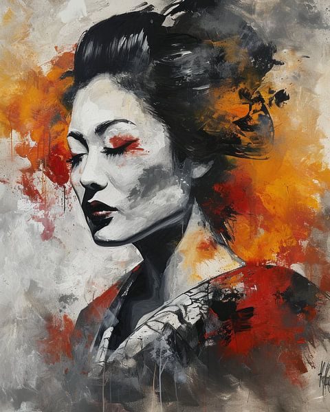Vurige Stilte - Portret in Abstracte Kleuren van Eva Lee