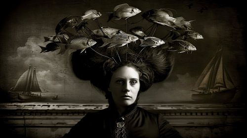 vrouw met vissen hoed