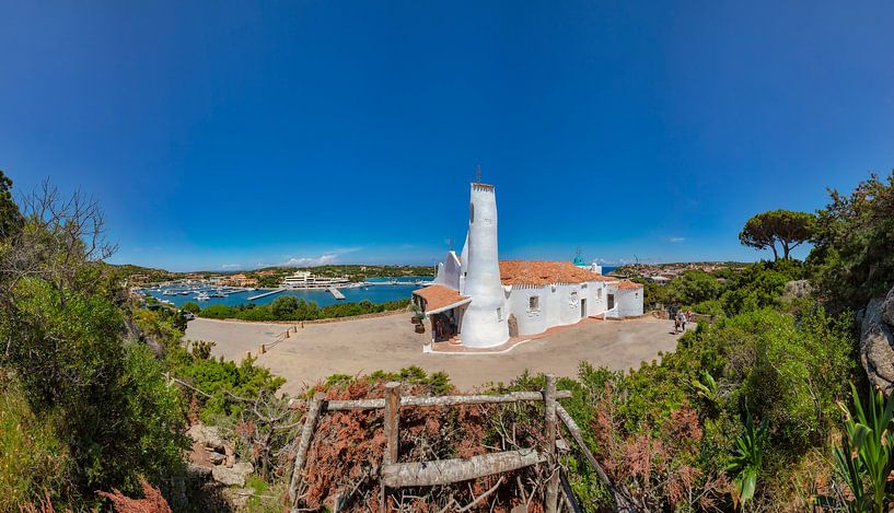 The Stella Maris church in the Smeralda Coast architectural style, view over the marina, Porto Cervo by Rene van der Meer