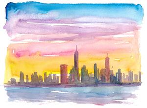 De skyline van New York City in een gouden avondstemming