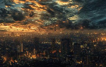 Brandend Tokio, nachtscène van fernlichtsicht