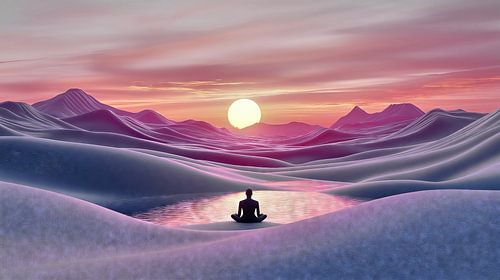 Meditatie bij zonsondergang bij het meer met bergen