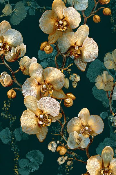 Orchideenpracht in Gold auf tiefgrünem Hintergrund von Eva Lee