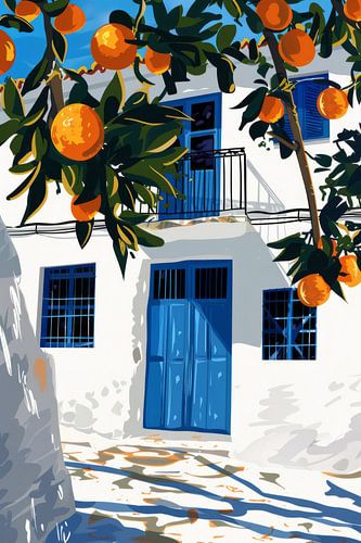 Blauwe deur en oranje boom