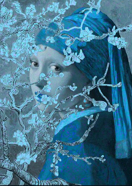 Fille avec une boucle d'oreille en perle bleue par Digital Art Studio