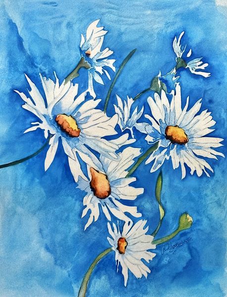 Daisies on a blue background by Ljupka Kareska