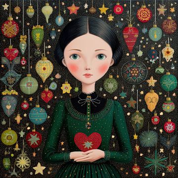 Fille parmi les boules de Noël