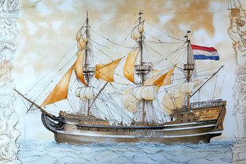 Gedetailleerde tekening van een historisch VOC zeilschip met Nederlandse vlag van Peter Pen tekeningen en schilderijen