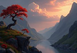 Paysage numérique : arbres rouges, lac et montagnes au coucher du soleil sur Markus Gann