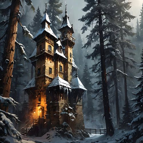 Woodhouse Castle, castle in a wintry forest