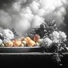 zwart wit stilleven van bloemen en fruit in een extreem dramatisch licht van Gelissen Artworks