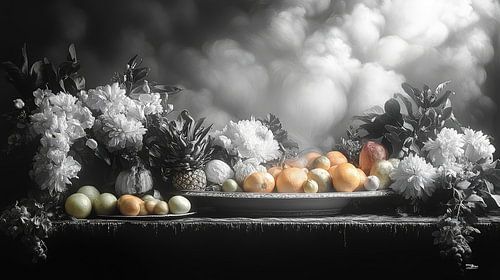Schwarz-weißes Stillleben mit Blumen und Früchten in extrem dramatischem Licht