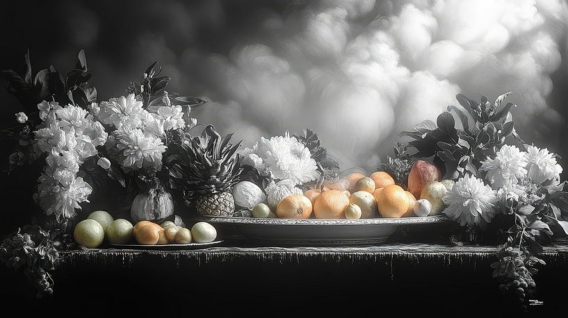 Black and white still life of flowers and fruit in extremely dramatic light by Gelissen Artworks