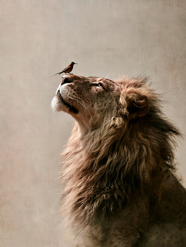 Serene Lion with a Little Bird on its Nose – A Majestic Animal Portrait in Sand-Coloured Earth Tones