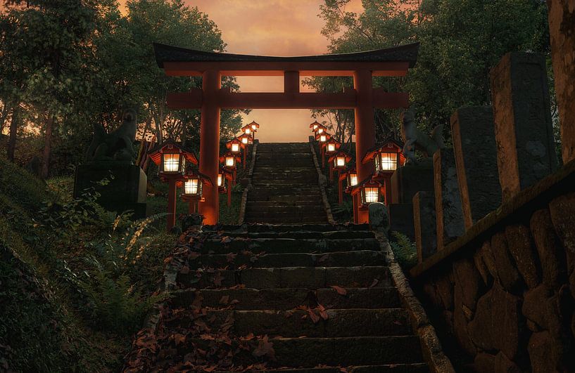 Old shrine with stairs and torii gate in the evening light by Besa Art