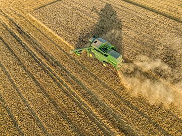 Combine oogst tarwe in de zomer, van bovenaf gezien van Sjoerd van der Wal