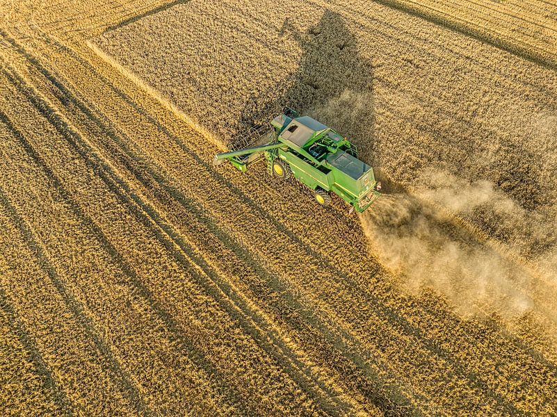 Combine harverster harvesting wheat during summer seen from above by Sjoerd van der Wal Photography