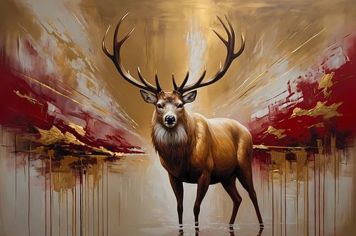 Majestueuze Gouden Hert in Abstract Rood