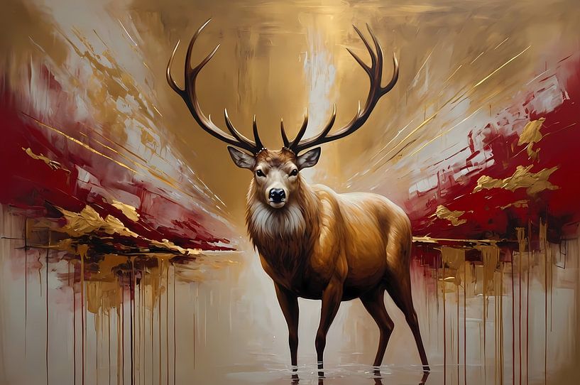 Majestueuze Gouden Hert in Abstract Rood van Art & Soul Creations