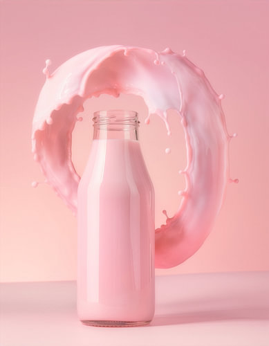 Bouteille surréaliste avec un arc de lait rose pastel gelé