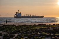 Boot die voor de kustlijn vaart