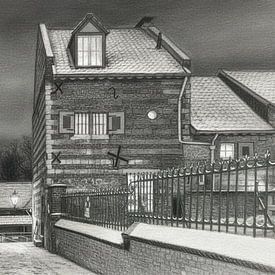 Elsloo am Abend im Winter mit Schnee in Holzkohle von Maurice Meerten