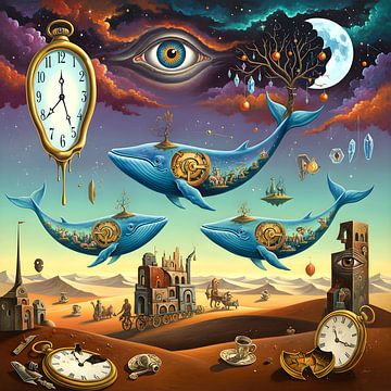 surréalisme baleines volantes dans le désert sur Jan Bechtum