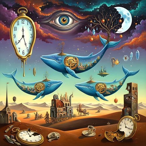 surrealisme vliegende walvissen in de woestijn