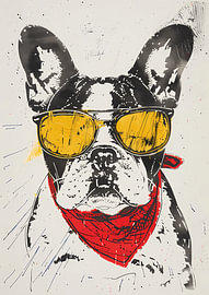 Cool French Bulldog with yellow spectacles and a red neckerchief – Pop Art screen-print style by Dave Schloffi